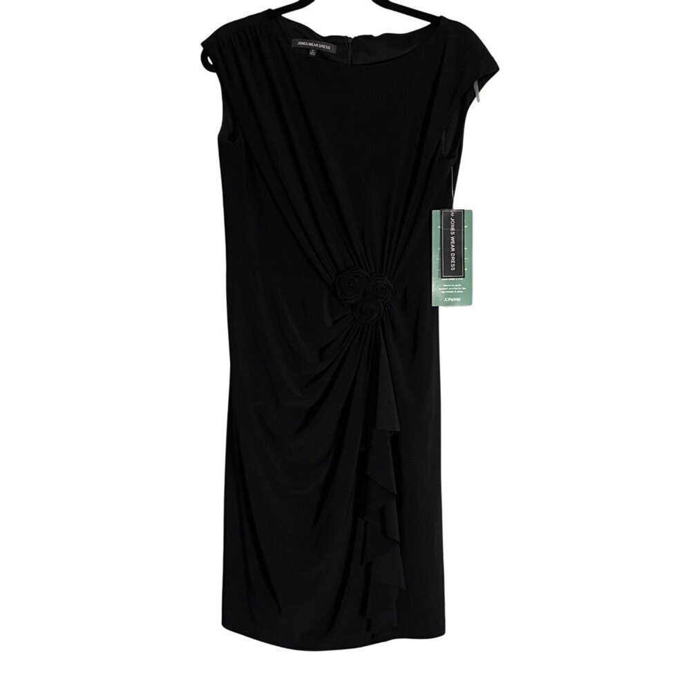 NWT Elegant Jones Wear Black Sleeveless Dress With Floral Ruching Size 8 NEW